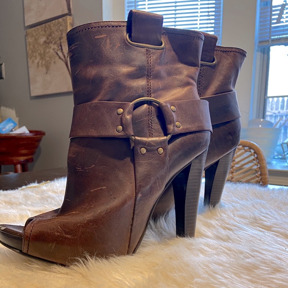 Distressed Leather Platform Peep Toe Booties